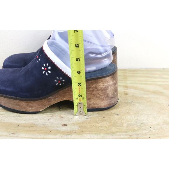 Vintage Tommy Hilfiger Shoes 7.5M Blue Leather Wooden Platform Chunky Y2K Clogs - Picture 7 of 11
